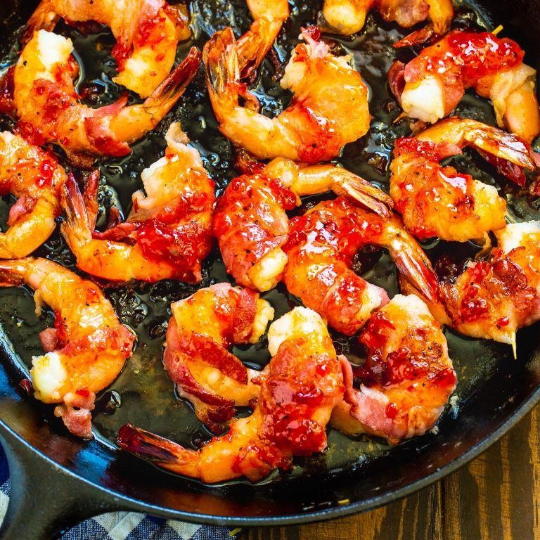 Raspberry Jalapeno Jelly and Bacon Wrapped Shrimp