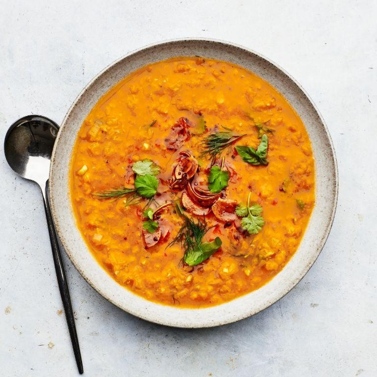 Roasted Garlic Lentil Soup with Lemon