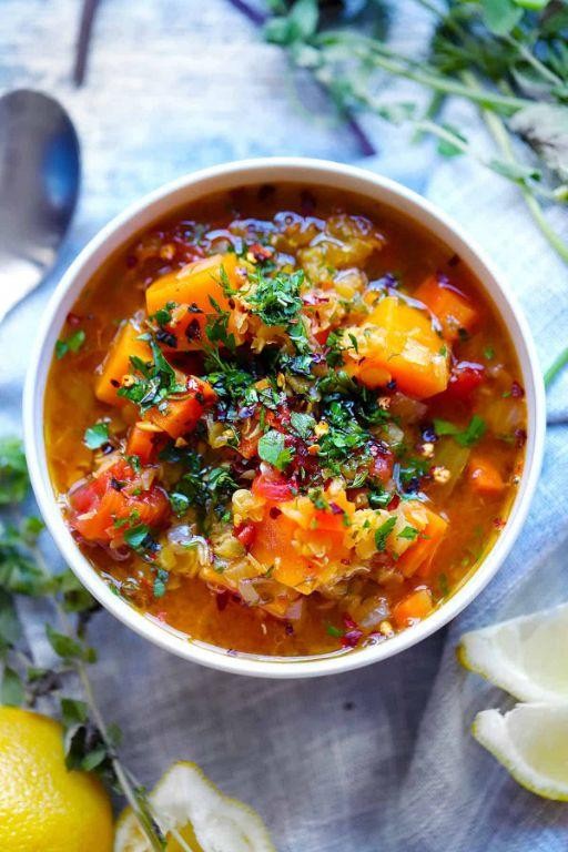 Tomato Basil Lentil Soup with Lemon